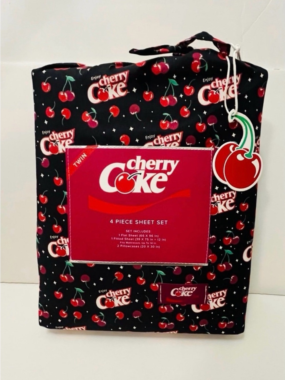 Enjoy Cherry Coke Twin Size 4 Piece Sheet Set Black Red White Green